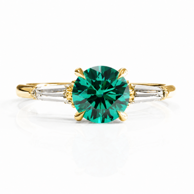 Round Cut Lab Grown Emerald Three Stone Engagement Ring
