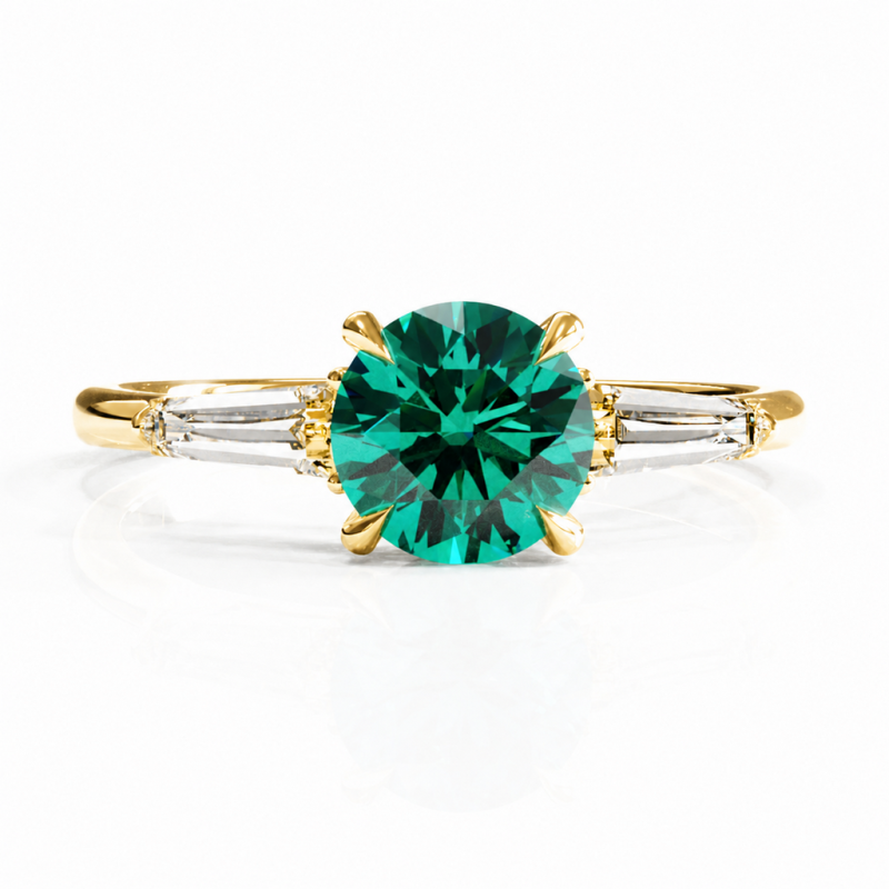 Round Cut Lab Grown Emerald Three Stone Engagement Ring - Image 1