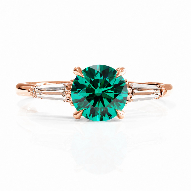 Round Cut Lab Grown Emerald Three Stone Engagement Ring - Image 2