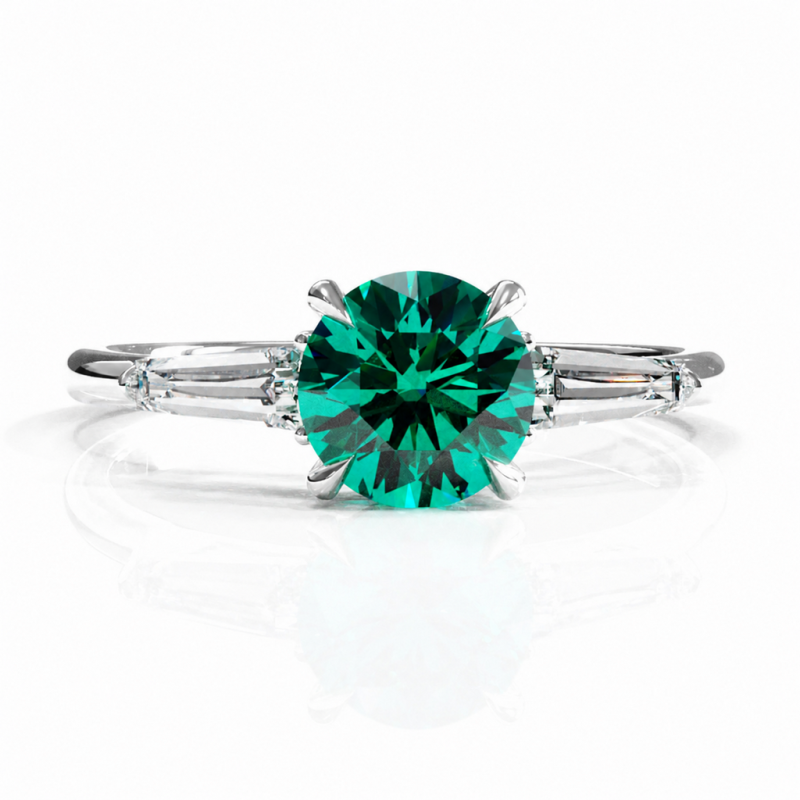 Round Cut Lab Grown Emerald Three Stone Engagement Ring - Image 3