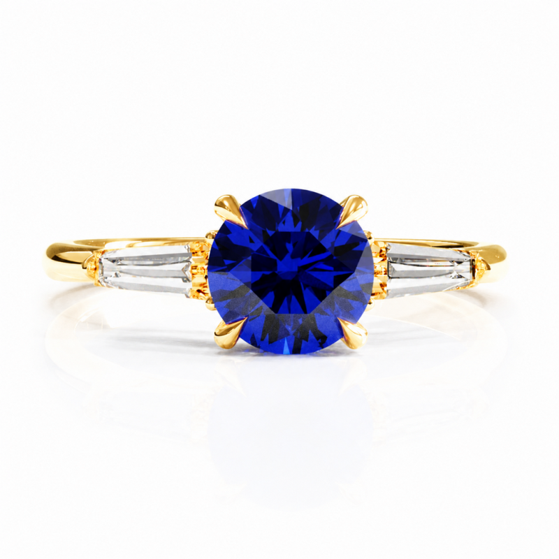Round Cut Lab Grown Sapphire Three Stone Engagement Ring - Image 1