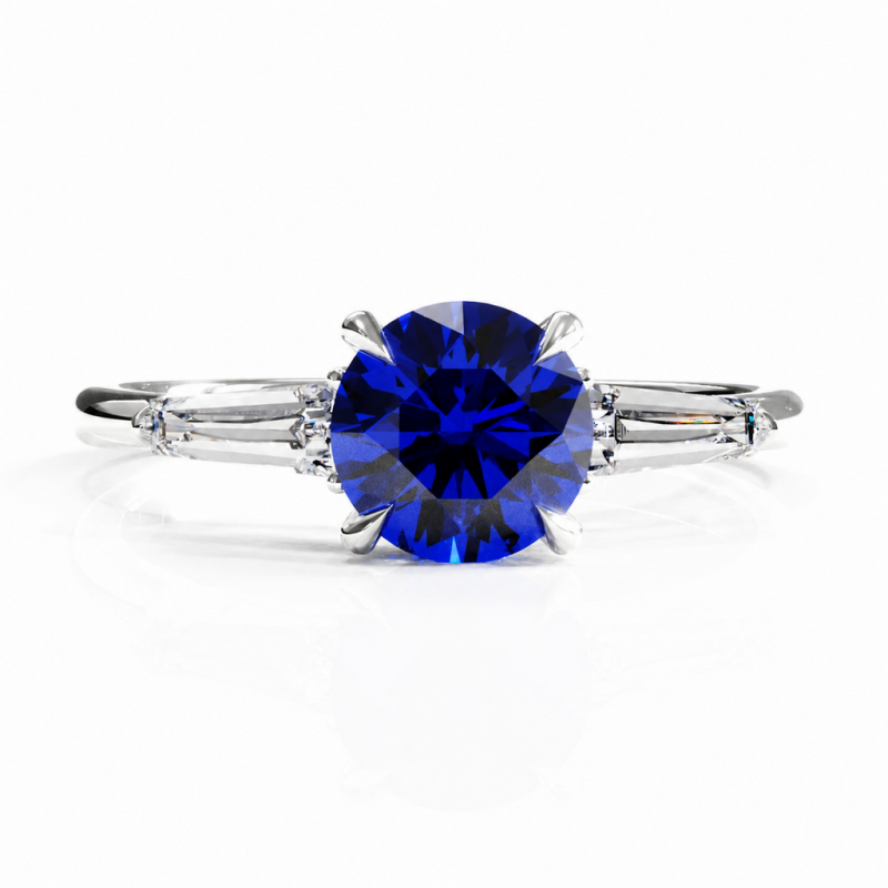 Round Cut Lab Grown Sapphire Three Stone Engagement Ring - Image 3