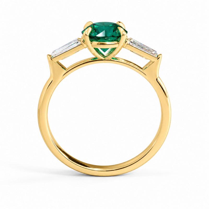 Round Cut Lab Grown Emerald Three Stone Engagement Ring - Image 4