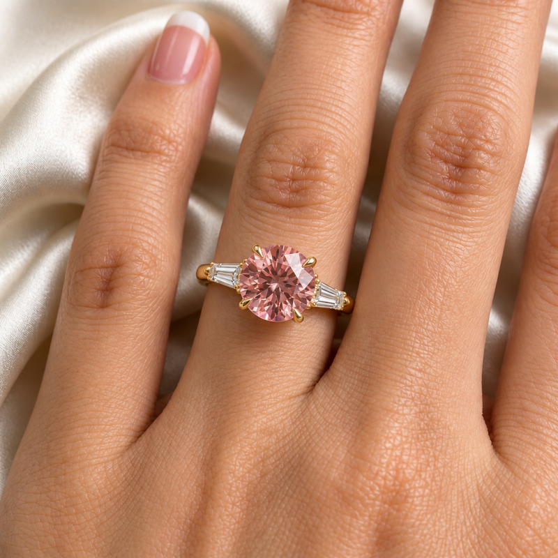Round Cut Lab Grown Morganite Three Stone Engagement Ring - Image 5