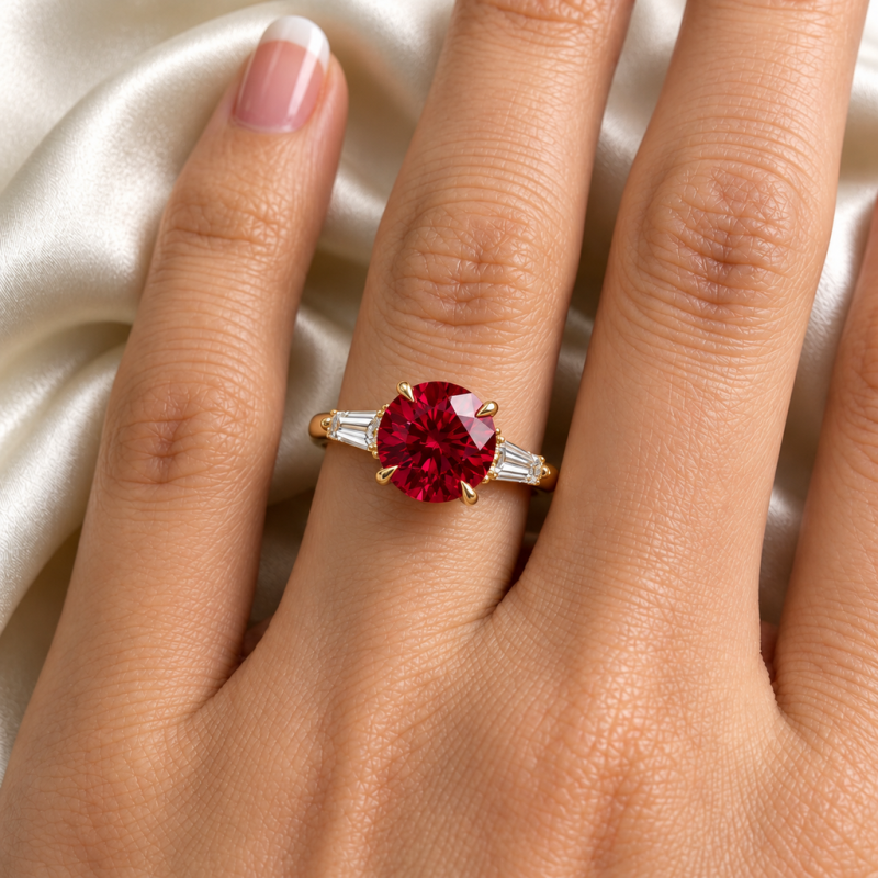 Round Cut Lab Grown Ruby Three Stone Engagement Ring - Image 5