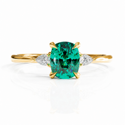 Elongated Cushion Cut Lab Grown Emerald Three Stone Engagement Ring