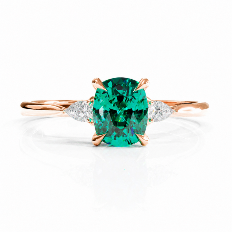 Elongated Cushion Cut Lab Grown Emerald Three Stone Engagement Ring - Image 2