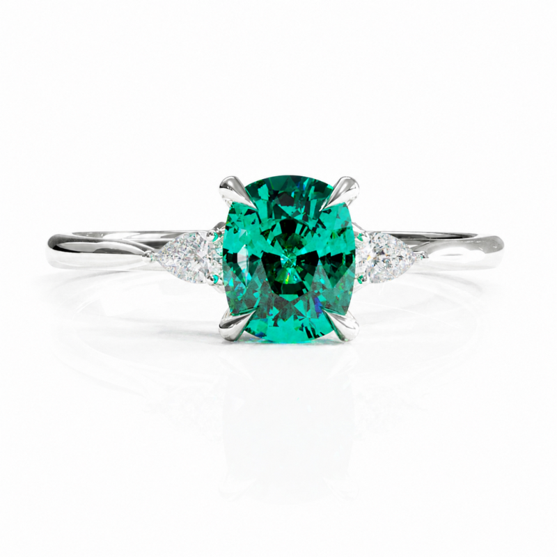 Elongated Cushion Cut Lab Grown Emerald Three Stone Engagement Ring - Image 3
