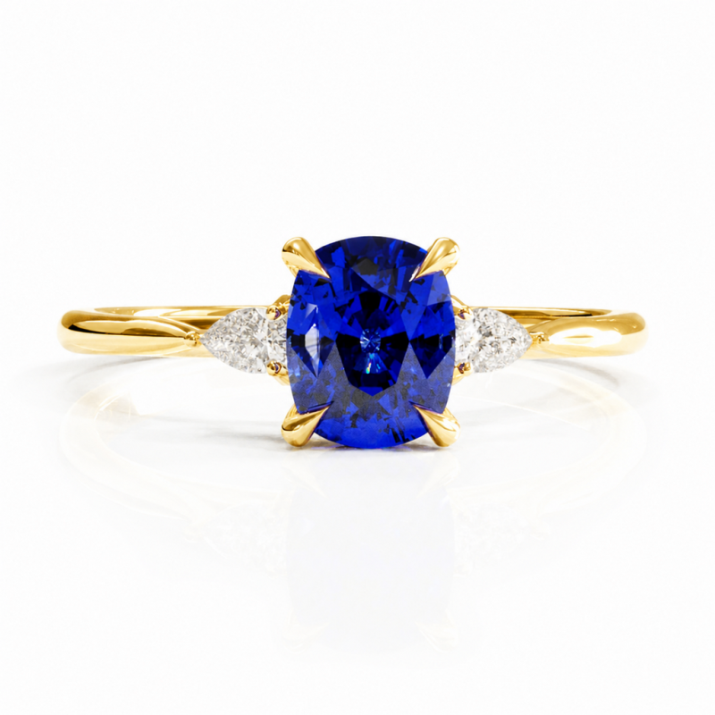 Elongated Cushion Cut Lab Grown Sapphire Three Stone Engagement Ring - Image 1