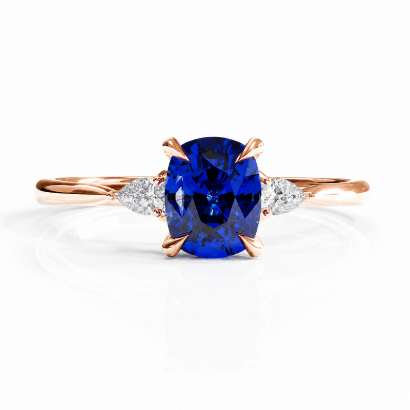 Elongated Cushion Cut Lab Grown Sapphire Three Stone Engagement Ring - Image 2
