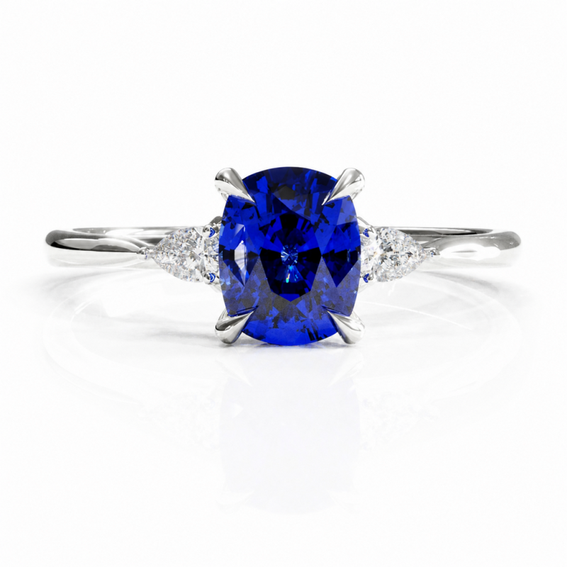 Elongated Cushion Cut Lab Grown Sapphire Three Stone Engagement Ring - Image 3