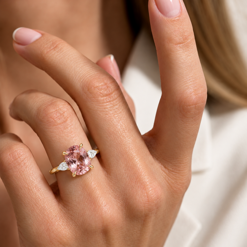 Elongated Cushion Cut Lab Grown Morganite Three Stone Engagement Ring - Image 5