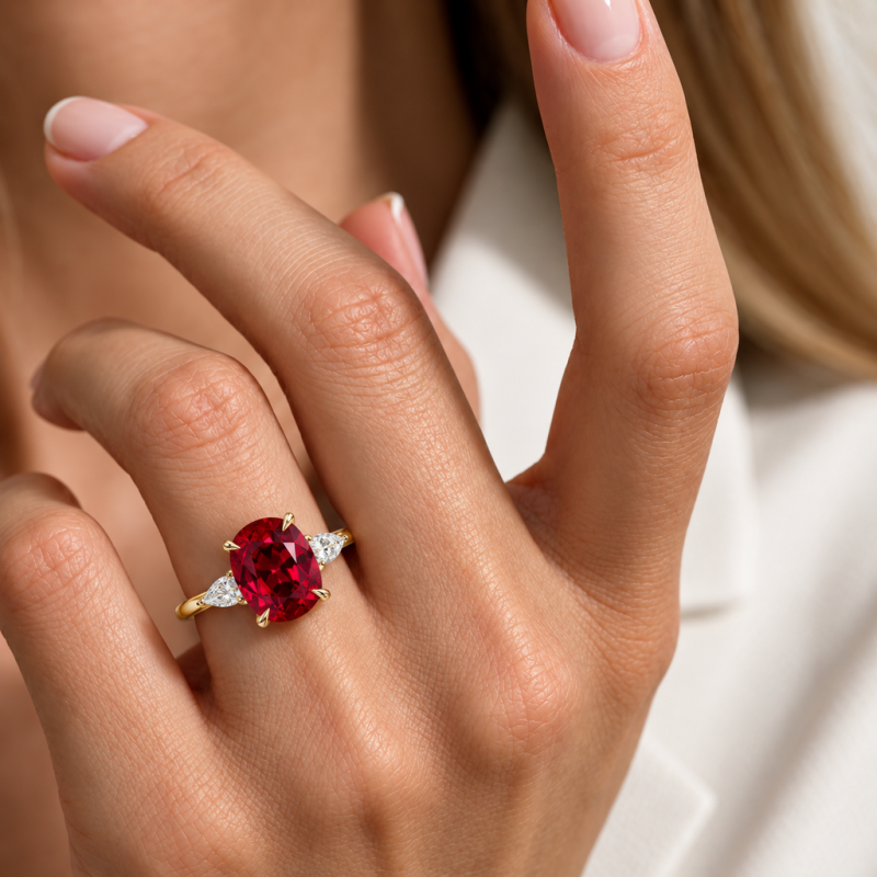 Elongated Cushion Cut Lab Grown Ruby Three Stone Engagement Ring - Image 5