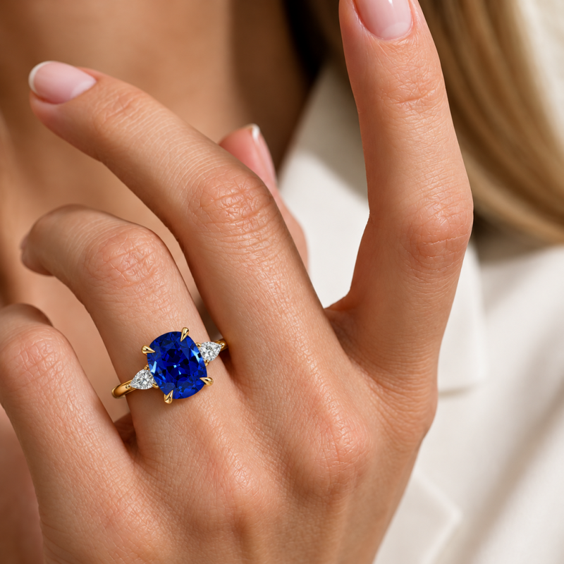 Elongated Cushion Cut Lab Grown Sapphire Three Stone Engagement Ring - Image 5