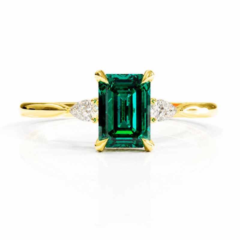Emerald Cut Lab Grown Emerald Three Stone Engagement Ring - Image 1