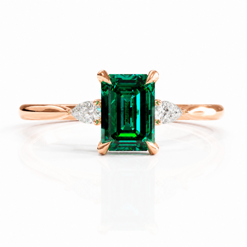 Emerald Cut Lab Grown Emerald Three Stone Engagement Ring - Image 2