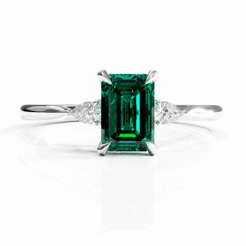 Emerald Cut Lab Grown Emerald Three Stone Engagement Ring - Image 3