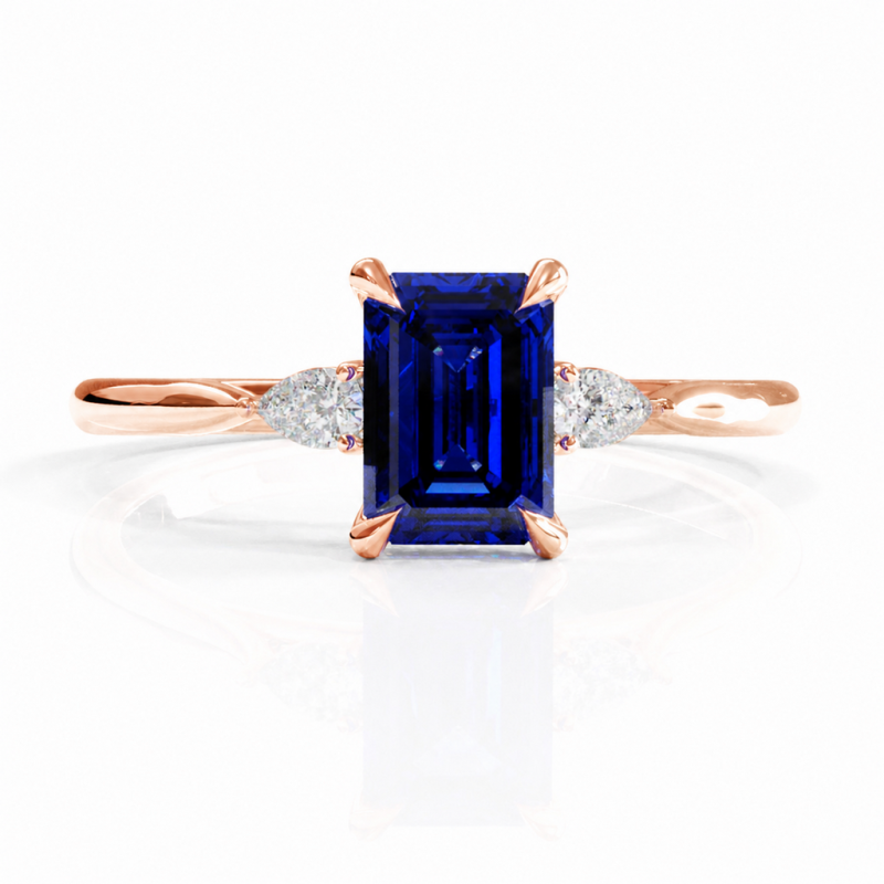 Emerald Cut Lab Grown Sapphire Three Stone Engagement Ring - Image 2