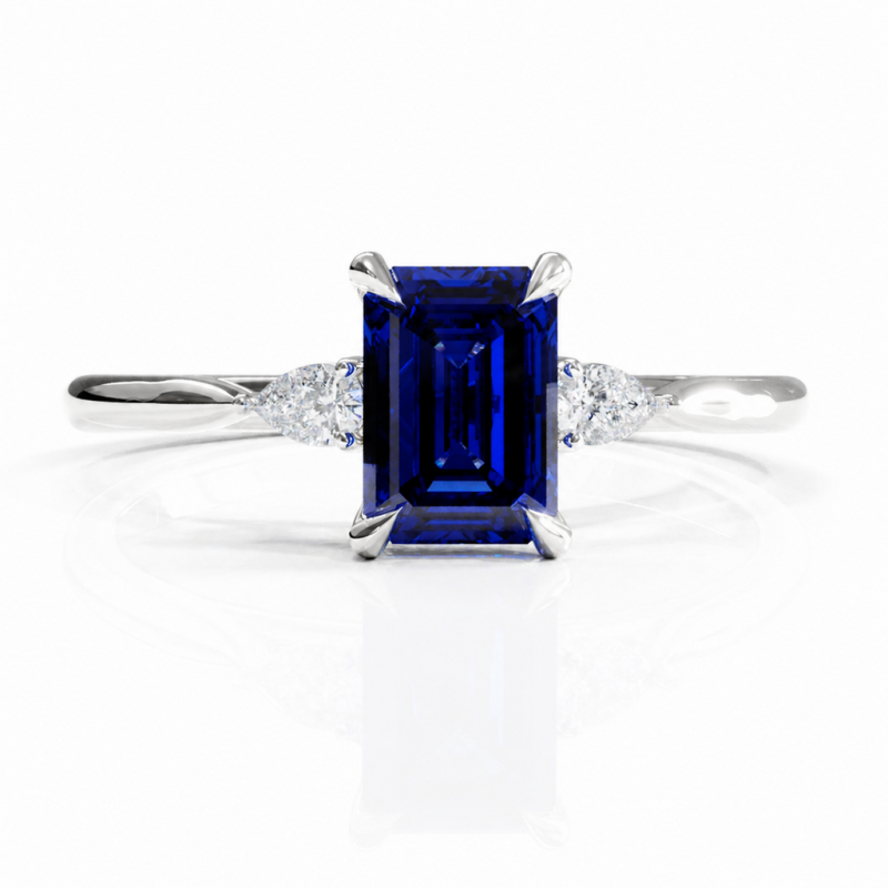 Emerald Cut Lab Grown Sapphire Three Stone Engagement Ring - Image 3