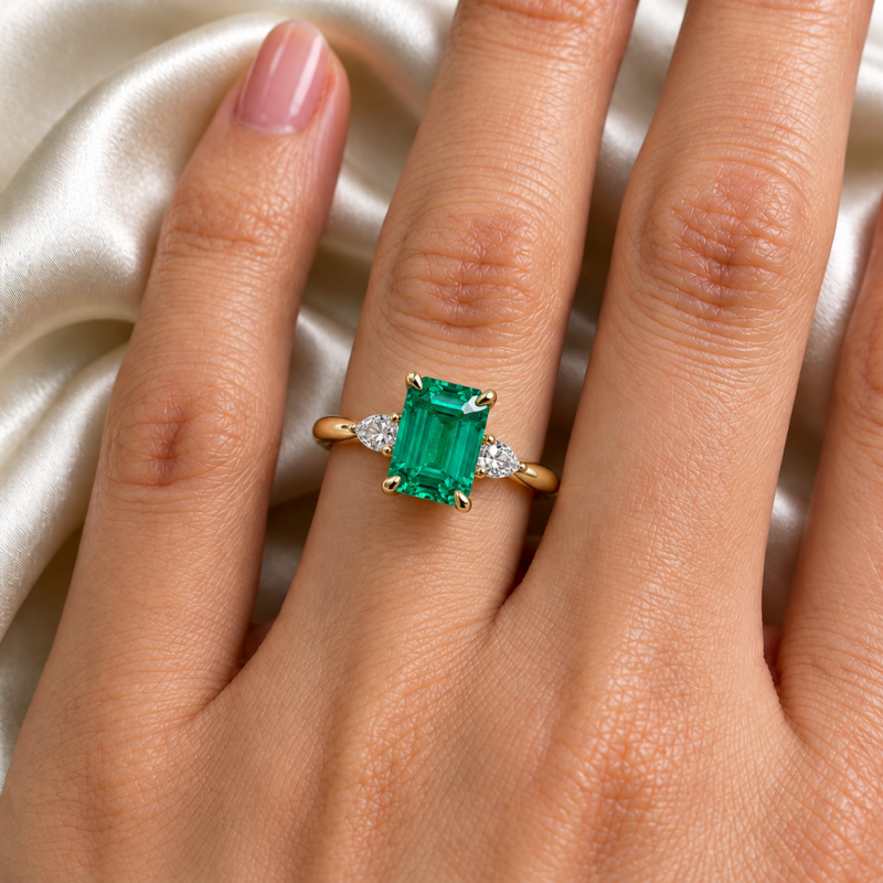 Emerald Cut Lab Grown Emerald Three Stone Engagement Ring - Image 5