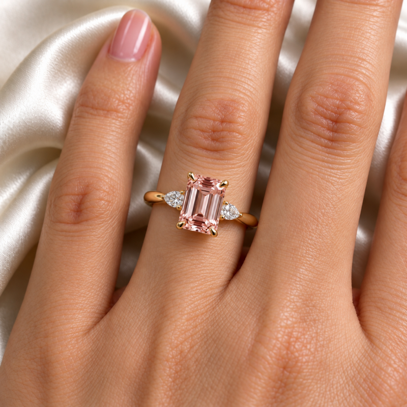 Emerald Cut Lab Grown Morganite Three Stone Engagement Ring - Image 5