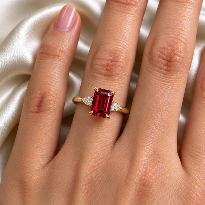 Emerald Cut Lab Grown Ruby Three Stone Engagement Ring - Image 5