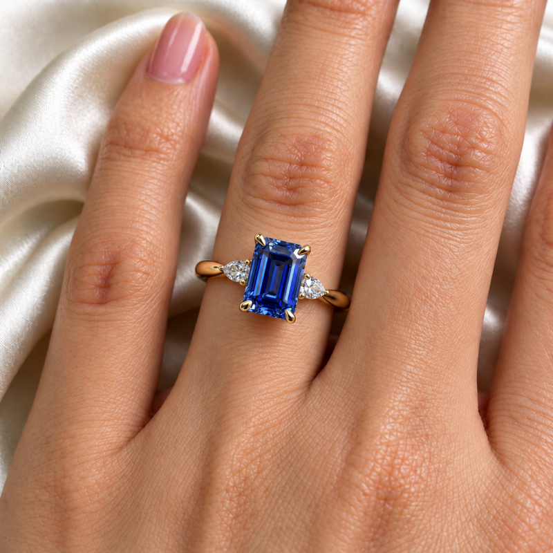 Emerald Cut Lab Grown Sapphire Three Stone Engagement Ring - Image 5