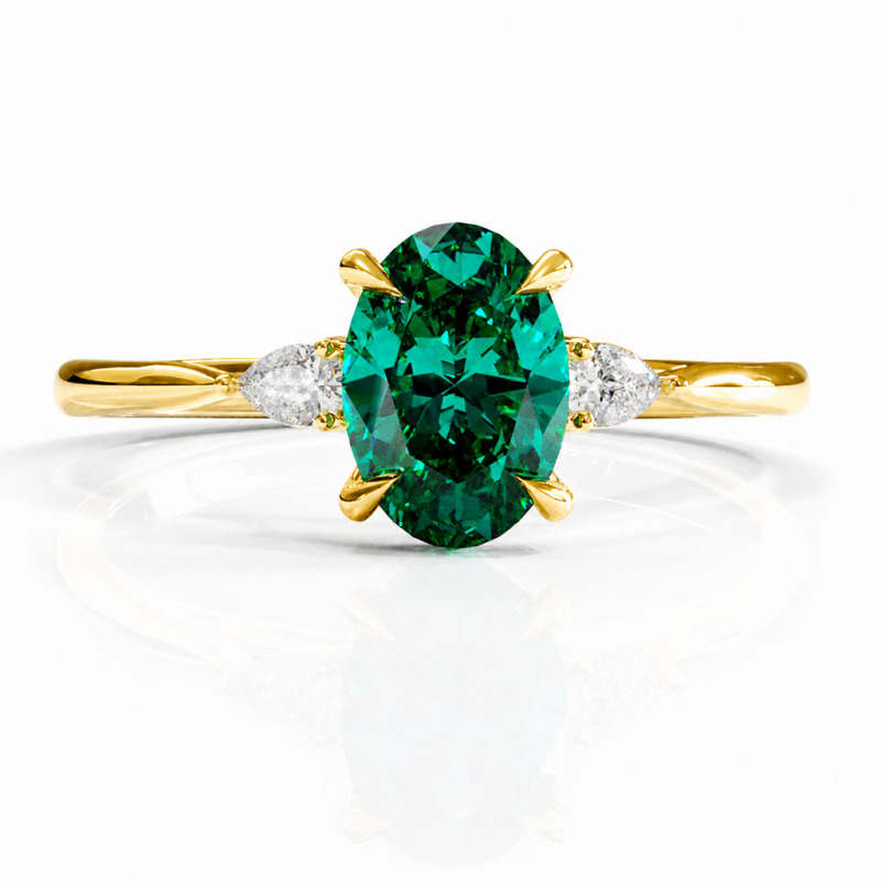 Oval Cut Lab Grown Emerald Three Stone Engagement Ring - Image 1