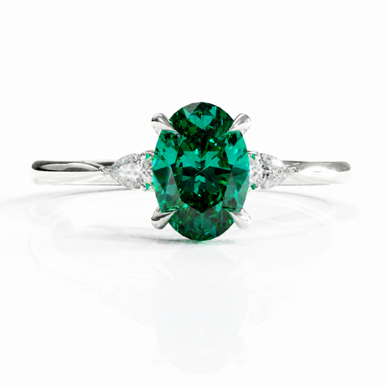 Oval Cut Lab Grown Emerald Three Stone Engagement Ring - Image 3