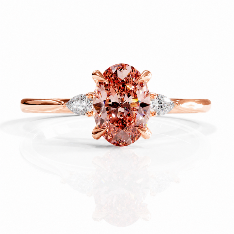 Oval Cut Lab Grown Morganite Three Stone Engagement Ring - Image 2