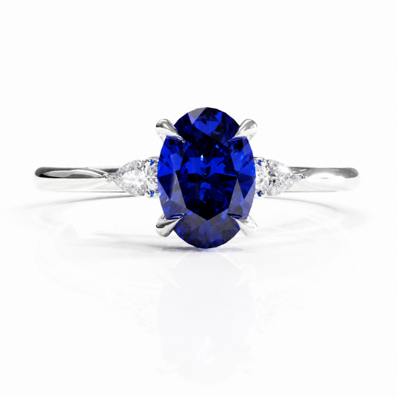 Oval Cut Lab Grown Sapphire Three Stone Engagement Ring - Image 3