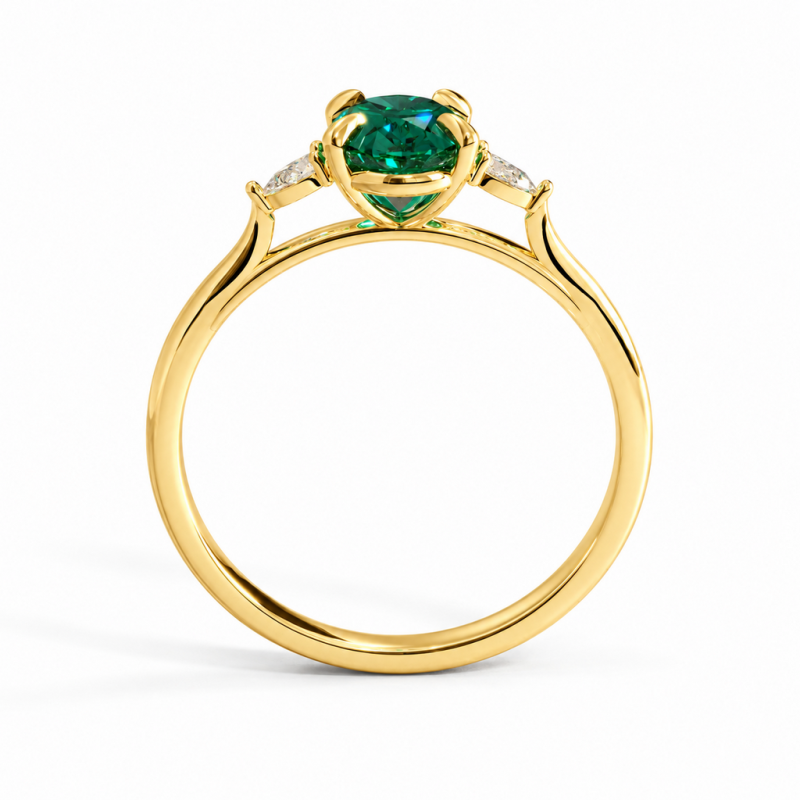 Oval Cut Lab Grown Emerald Three Stone Engagement Ring - Image 4
