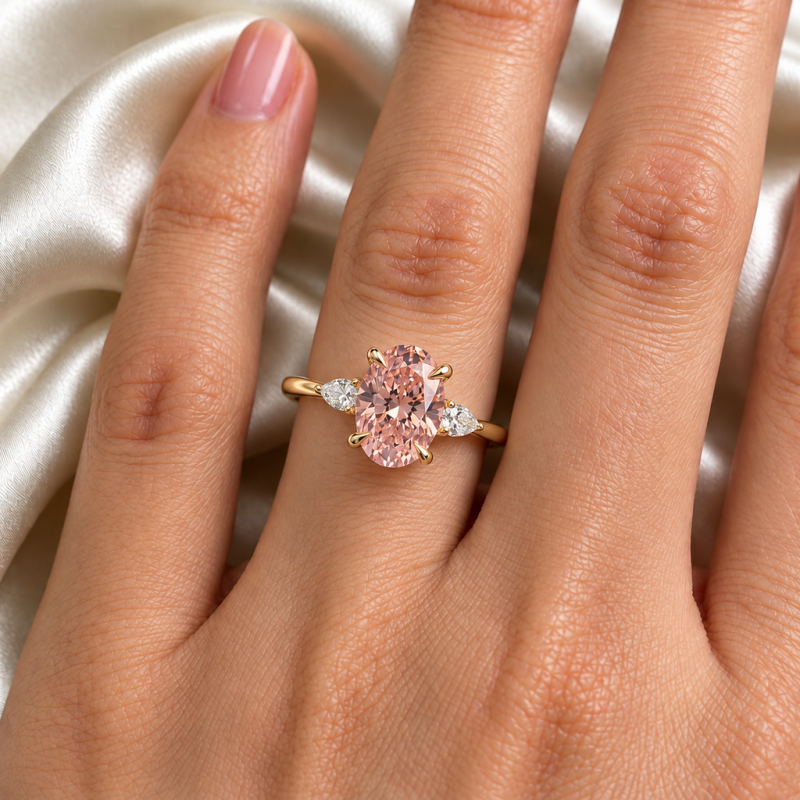 Oval Cut Lab Grown Morganite Three Stone Engagement Ring - Image 5