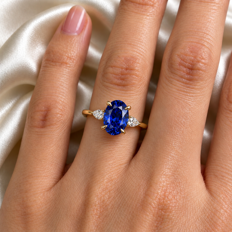 Oval Cut Lab Grown Sapphire Three Stone Engagement Ring - Image 5