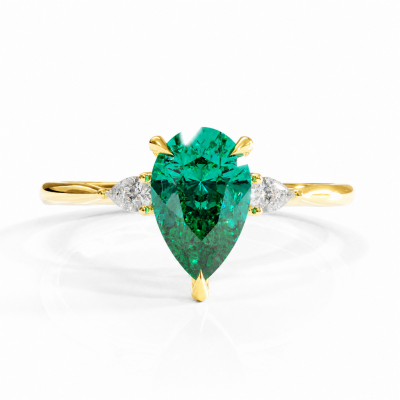 Pear Cut Lab Grown Emerald Three Stone Engagement Ring