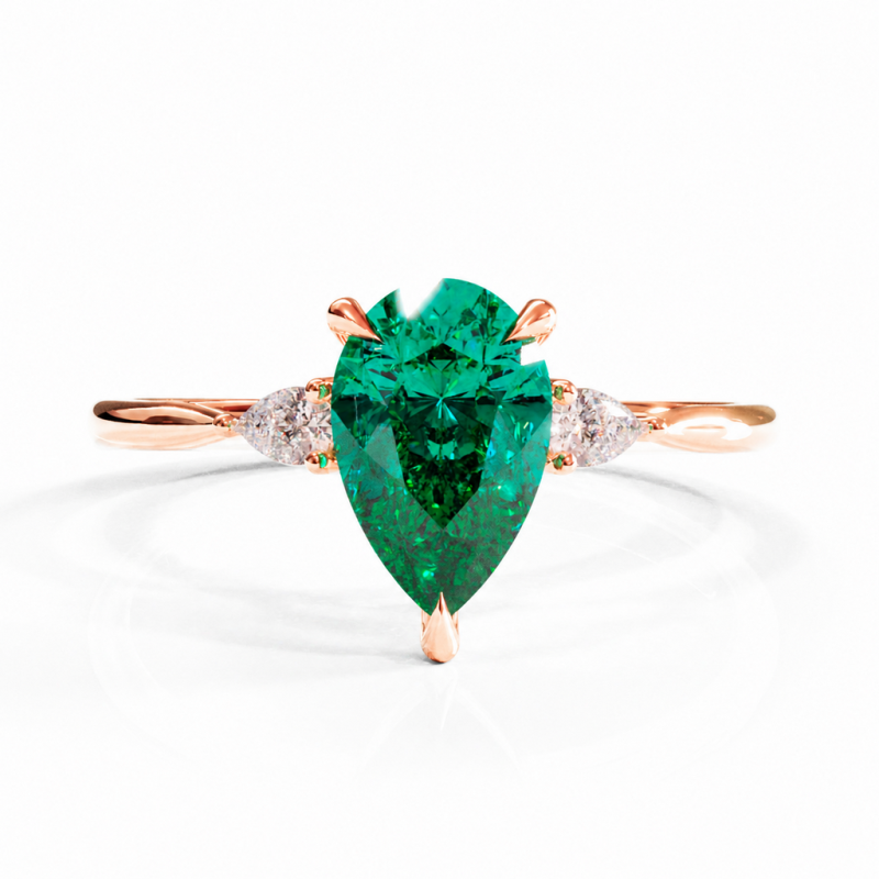 Pear Cut Lab Grown Emerald Three Stone Engagement Ring - Image 2
