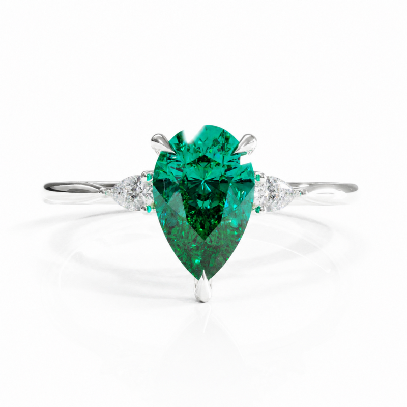 Pear Cut Lab Grown Emerald Three Stone Engagement Ring - Image 3