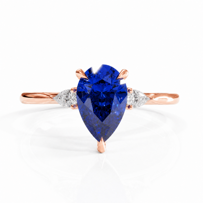Pear Cut Lab Grown Sapphire Three Stone Engagement Ring - Image 2