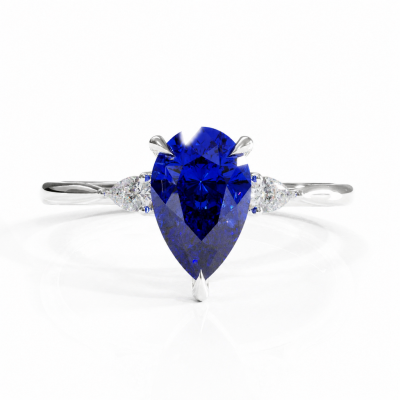 Pear Cut Lab Grown Sapphire Three Stone Engagement Ring - Image 3
