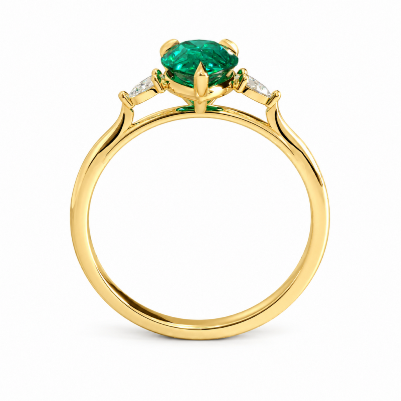 Pear Cut Lab Grown Emerald Three Stone Engagement Ring - Image 4