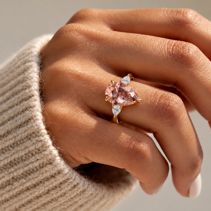 Pear Cut Lab Grown Morganite Three Stone Engagement Ring - Image 5
