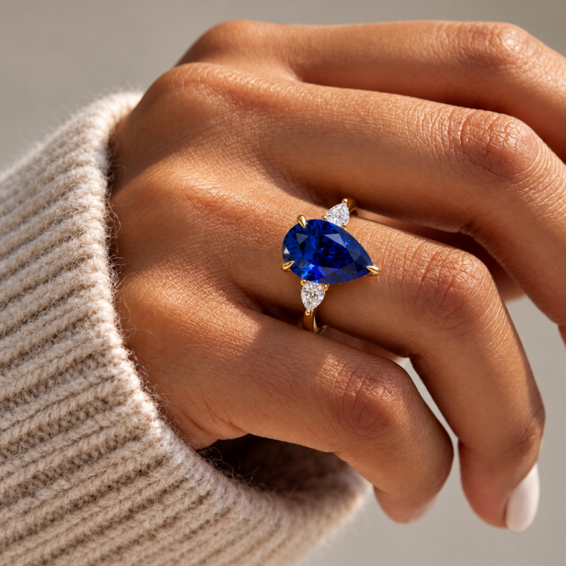 Pear Cut Lab Grown Sapphire Three Stone Engagement Ring - Image 5
