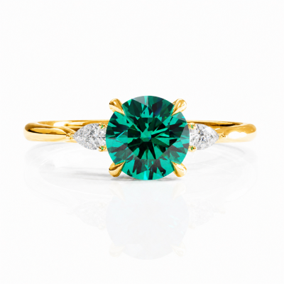 Round Cut Lab Grown Emerald Three Stone Engagement Ring