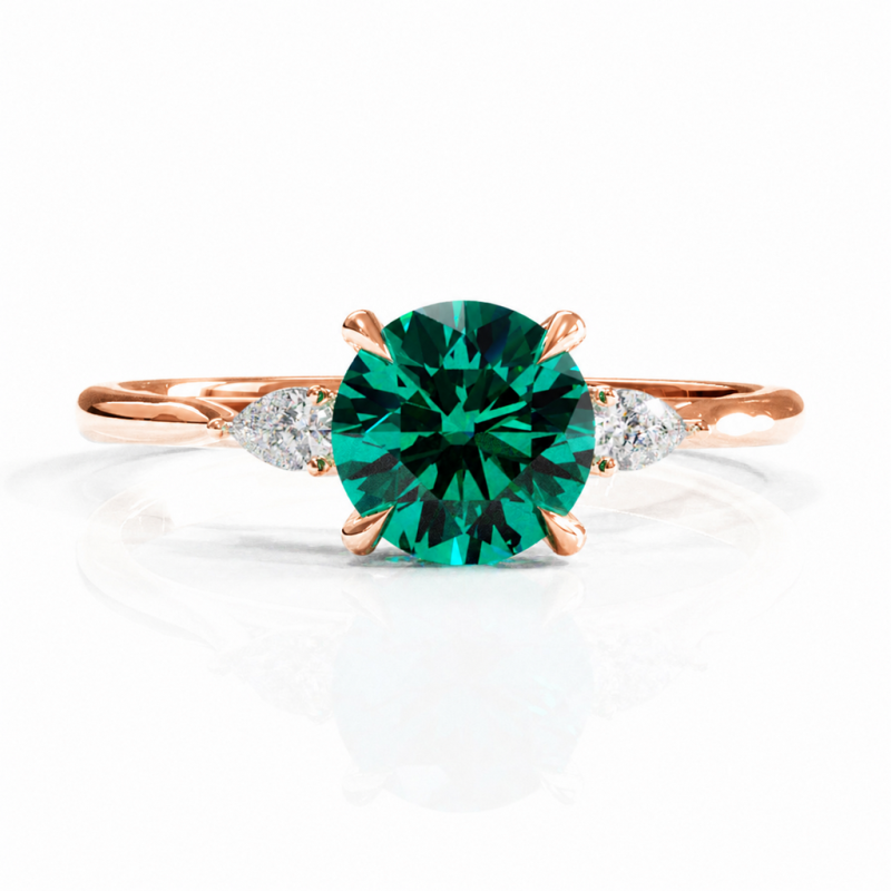 Round Cut Lab Grown Emerald Three Stone Engagement Ring - Image 2