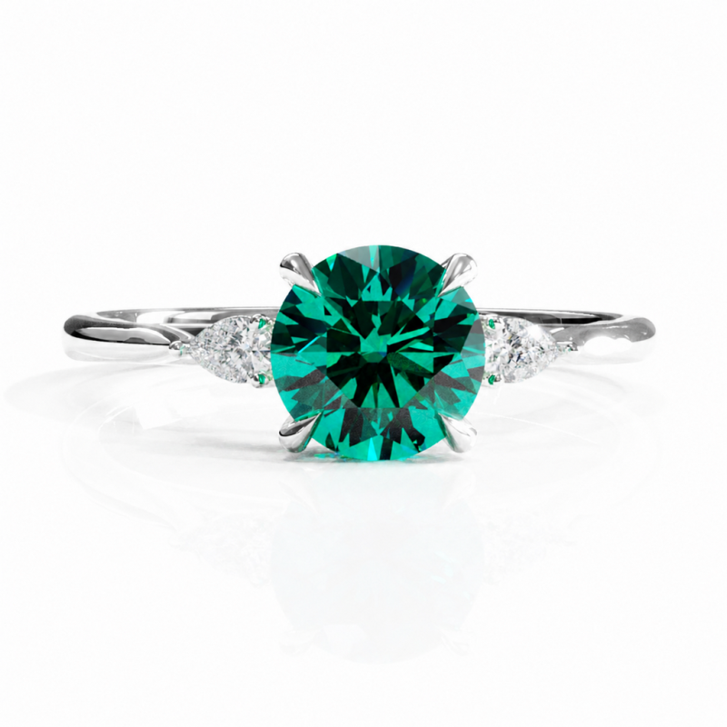 Round Cut Lab Grown Emerald Three Stone Engagement Ring - Image 3