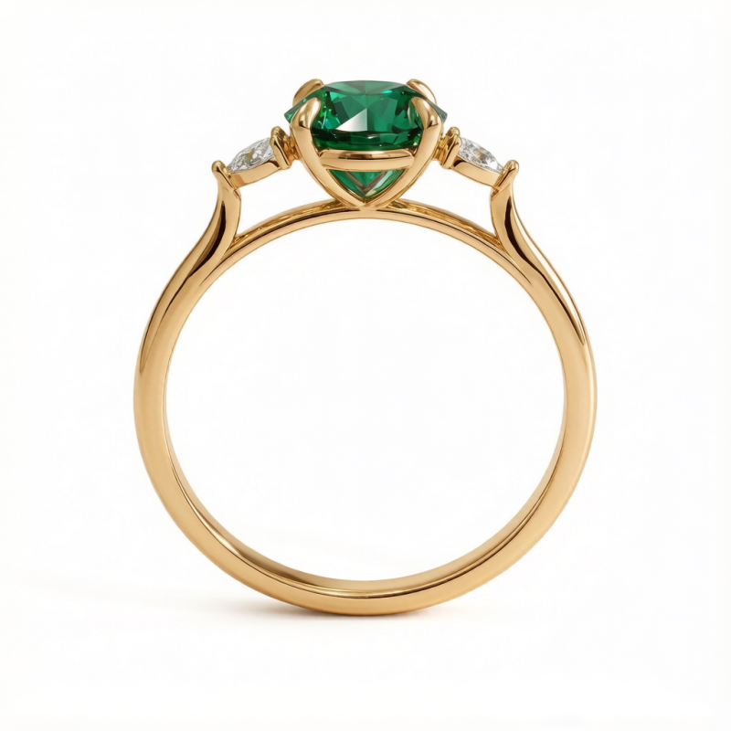 Round Cut Lab Grown Emerald Three Stone Engagement Ring - Image 4
