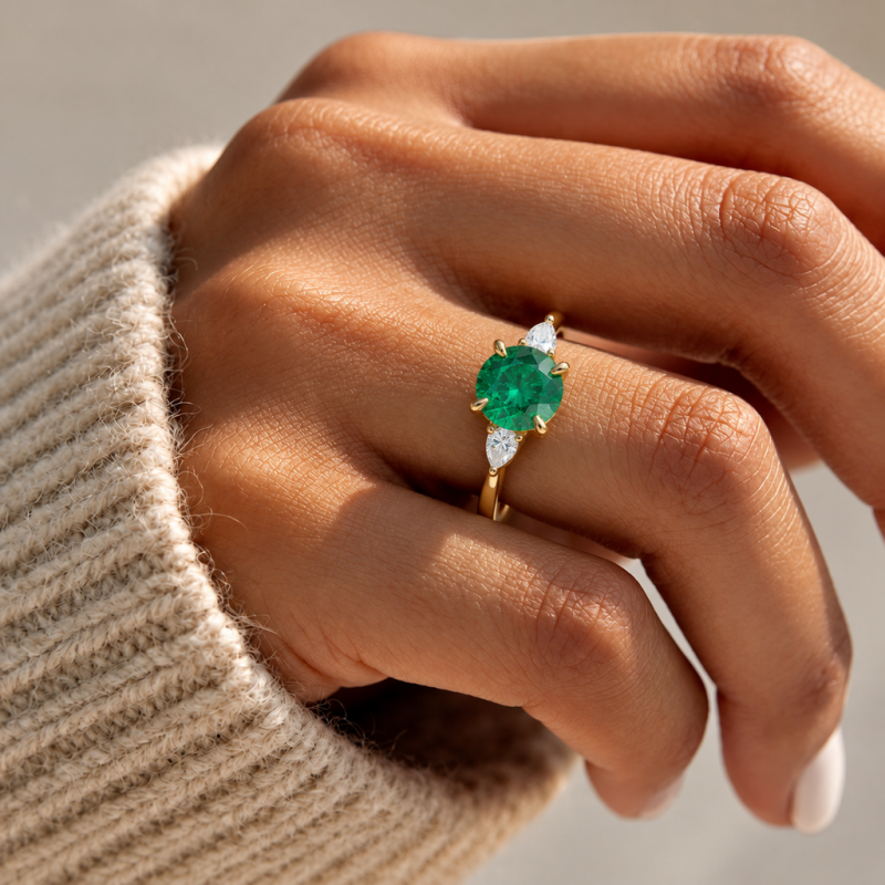 Round Cut Lab Grown Emerald Three Stone Engagement Ring - Image 5