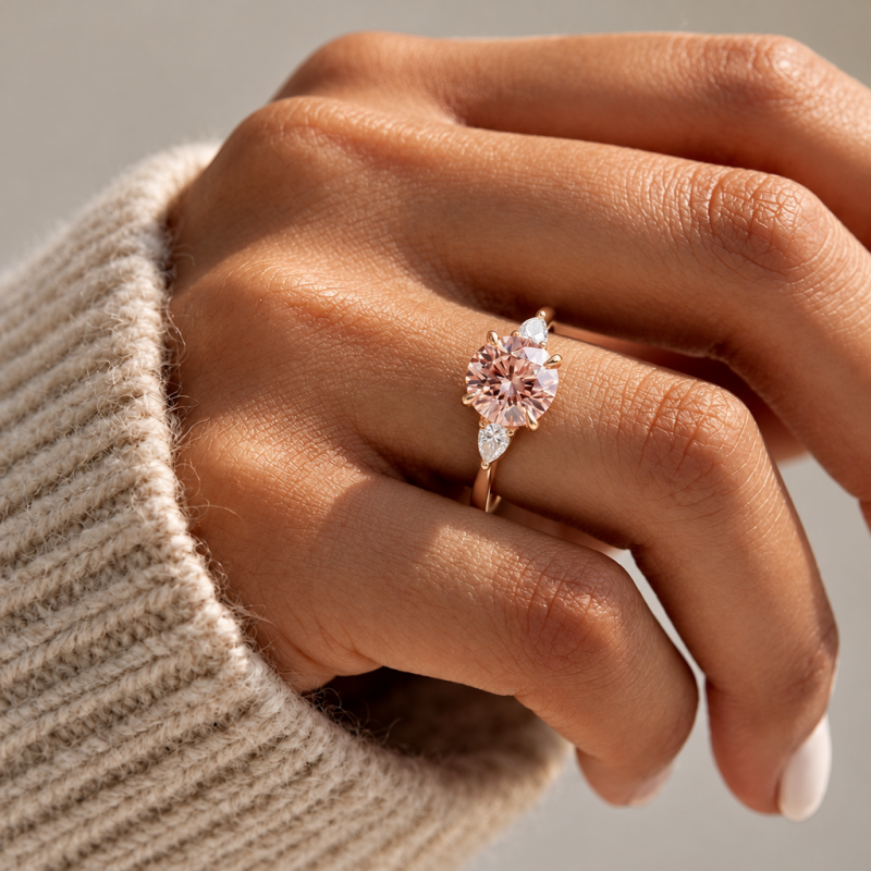 Round Cut Lab Grown Morganite Three Stone Engagement Ring - Image 5