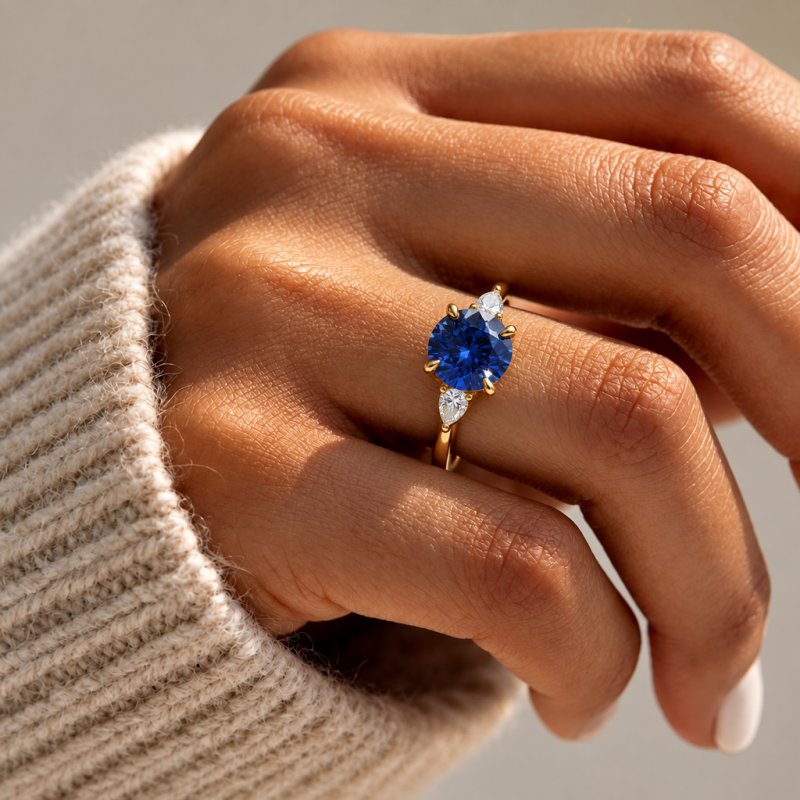Round Cut Lab Grown Sapphire Three Stone Engagement Ring - Image 5