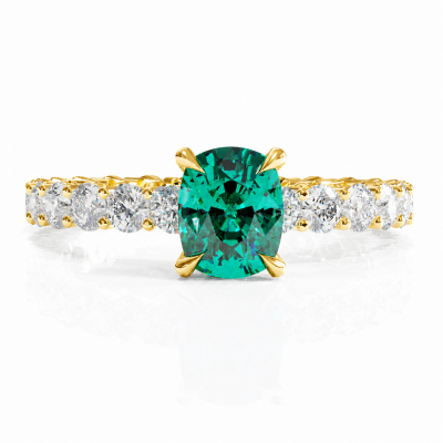 Elongated Cushion Cut Lab Grown Emerald Hidden Halo Side Stone Engagement Ring